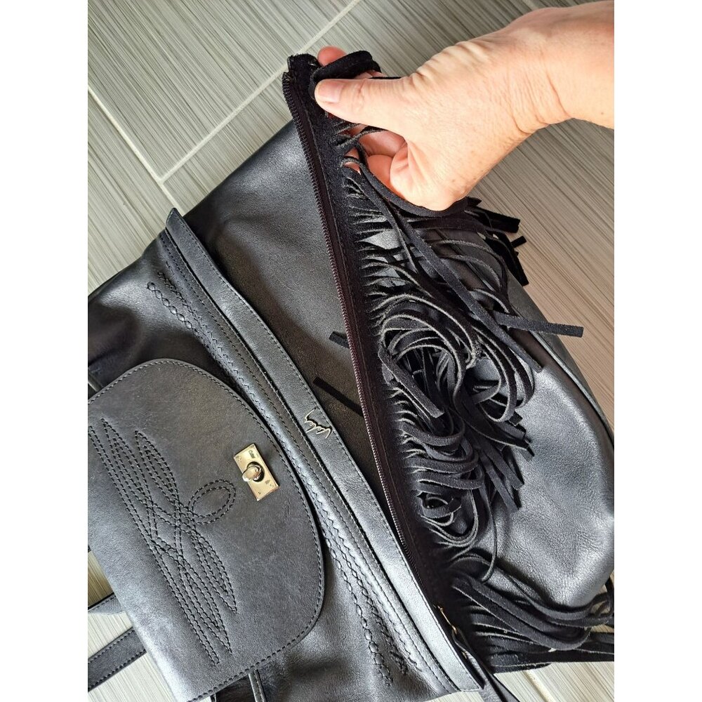 Valez Black Fringe Leather Backpack Embroidered Flap  Turn-Lock Closure Large - Picture 7 of 16
